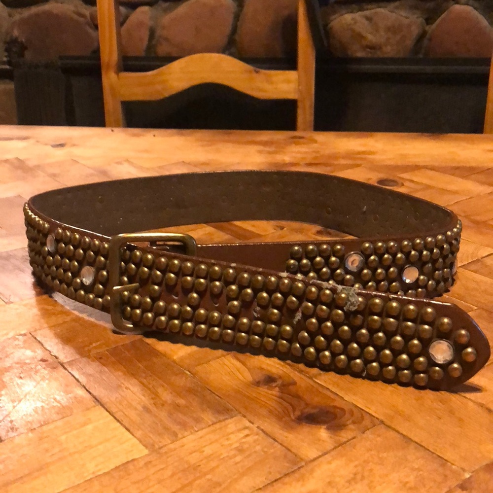 Faux leather belt with brass and crystal buttons